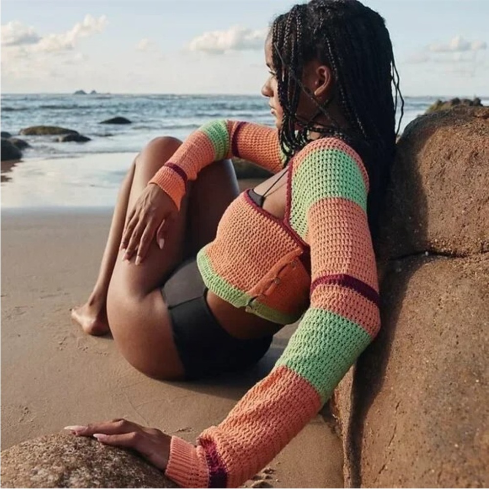 Free People love me long sleeve fauxchet cropped sweater open back